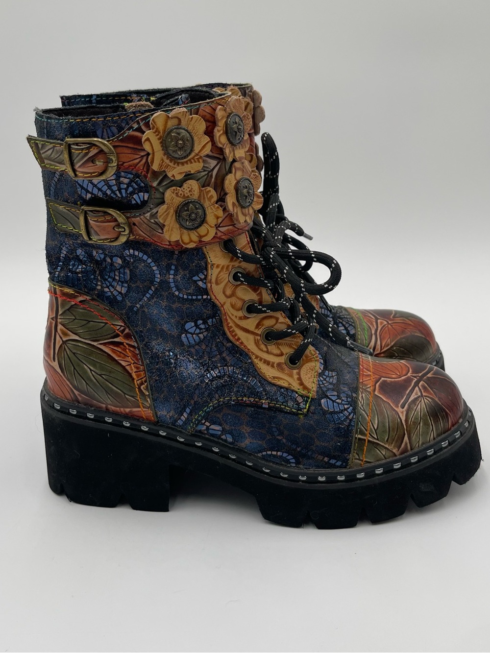 L'Artiste Limitless Booties Heeled Leather Floral Artsy Hippie Sz 37 US 6.5-7 - Picture 5 of 16